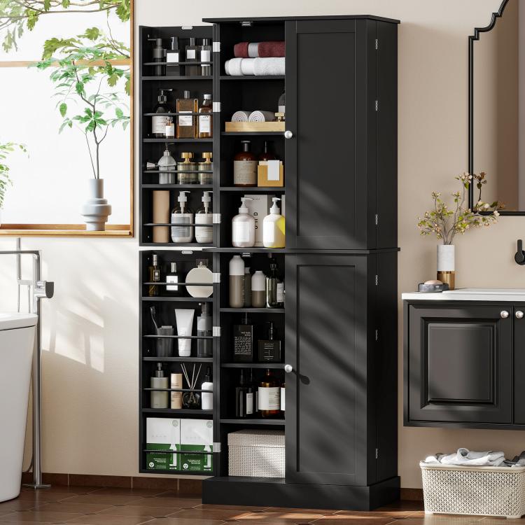 Black kitchen pantry cabinet with doors closed and interior shelves holding jars and kitchen items.