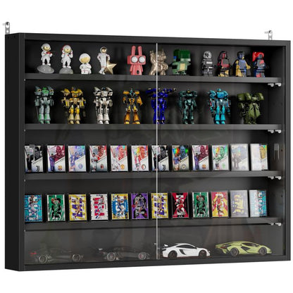 Jet black wall-mounted display cabinet with two glass doors and adjustable shelves
