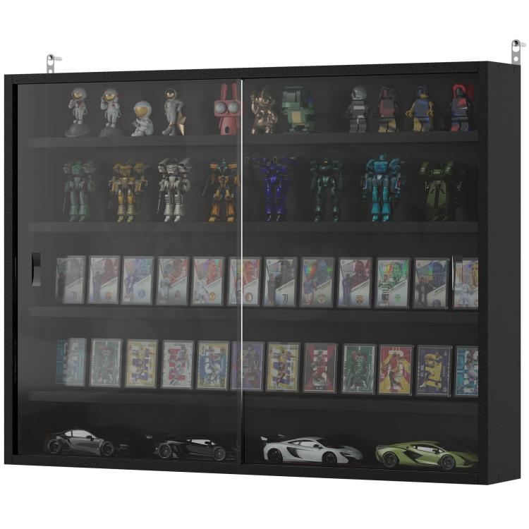Jet black wall-mounted display cabinet with two glass doors showing five shelf levels