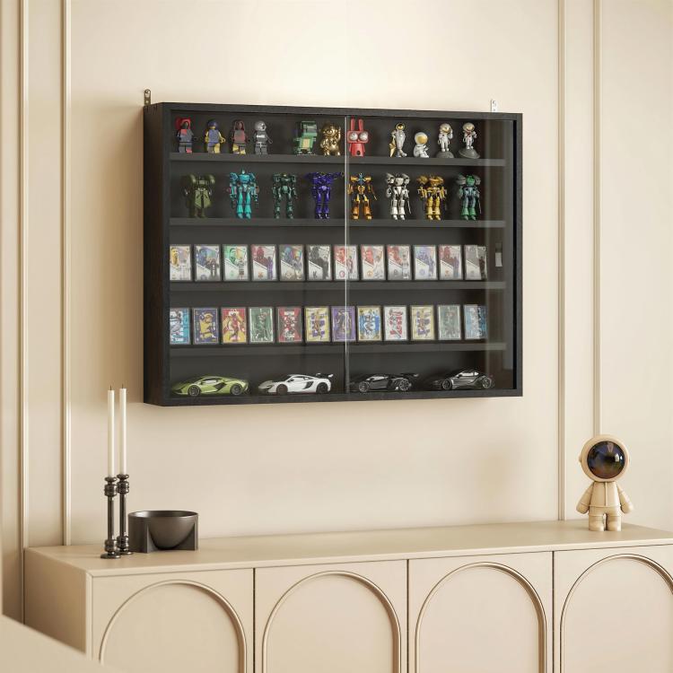 Jet black wall-mounted display cabinet with glass doors and multiple adjustable interior shelves