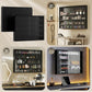 Jet black wall-mounted display case with two glass doors and adjustable shelving