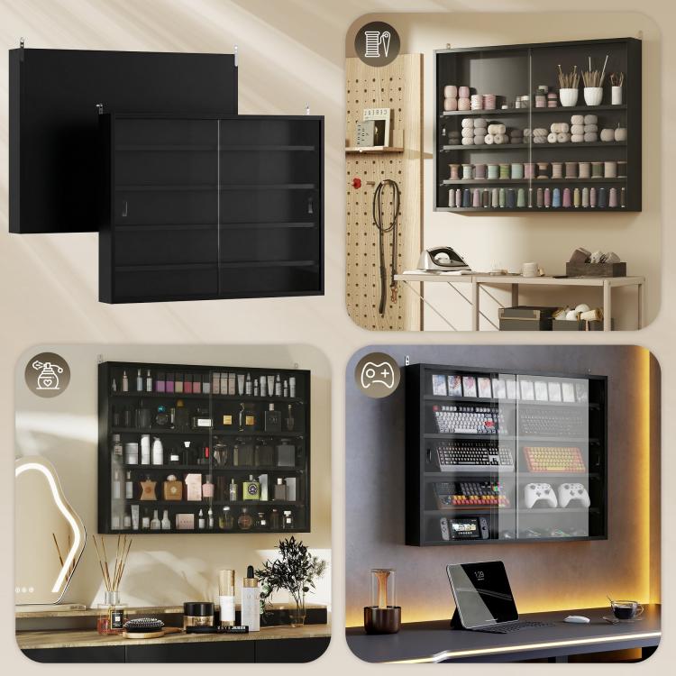 Jet black wall-mounted display case with two glass doors and adjustable shelving
