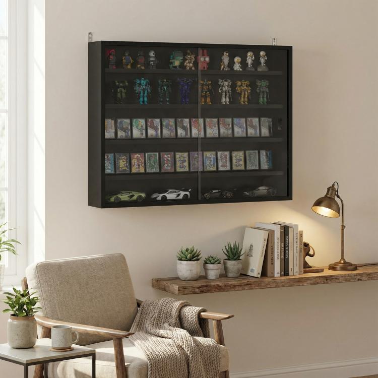 Jet black wall-mounted display cabinet with two glass doors and interior shelf rows