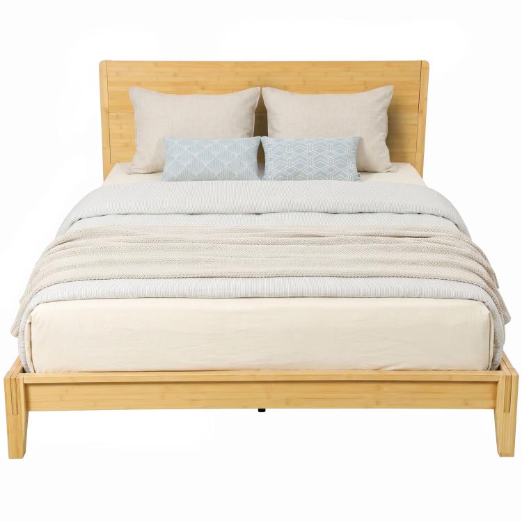 Queen bamboo platform bed frame with headboard and light wood slat support, natural finish