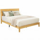 Natural wood queen platform bed with headboard, slat base, and corner posts