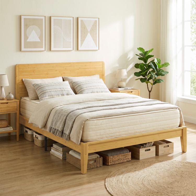 Natural queen bamboo bed frame with tall headboard, slatted base, and storage drawers