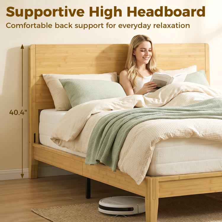 Queen bamboo platform bed with tall headboard and slat base, natural wood finish