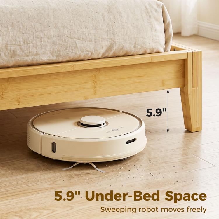 Queen bamboo bed frame with under-bed space for a robot vacuum, natural wood