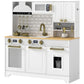 White kids play kitchen set with gold knobs, stove, sink, and built-in oven door window