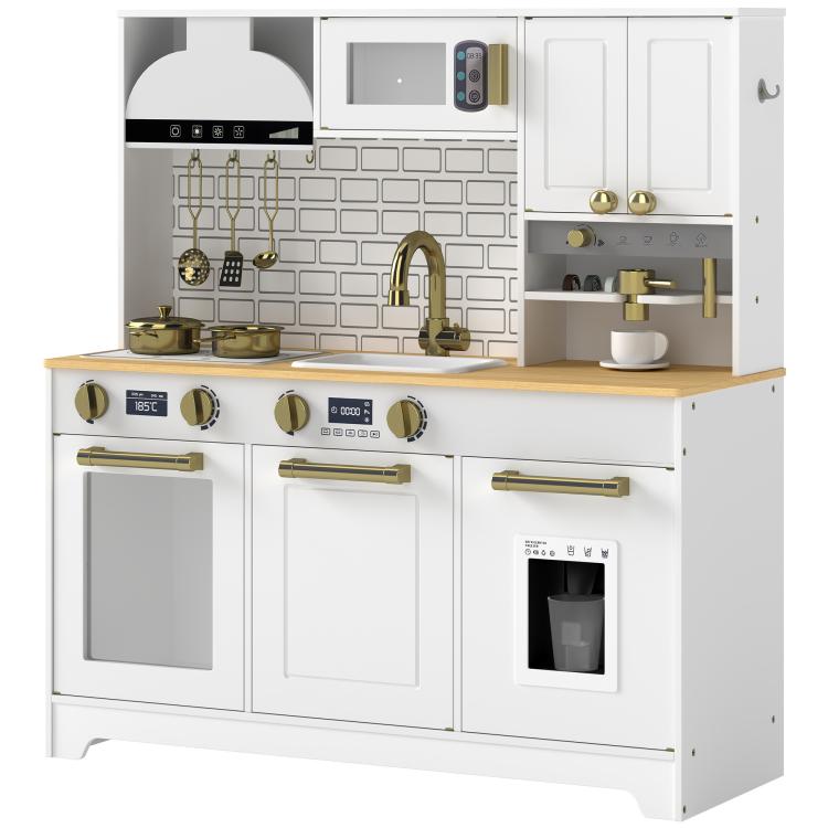 White kids play kitchen set with gold knobs, stove, sink, and built-in oven door window
