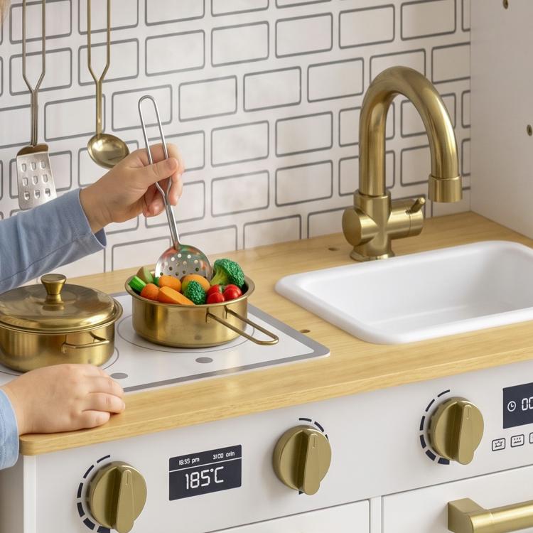 Kids play kitchen counter with gold faucet, knobs, and accessory pot with colorful food