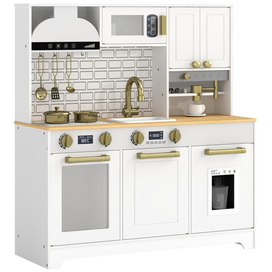 White kids play kitchen with gold faucet, oven, stove, storage cabinets, and countertop
