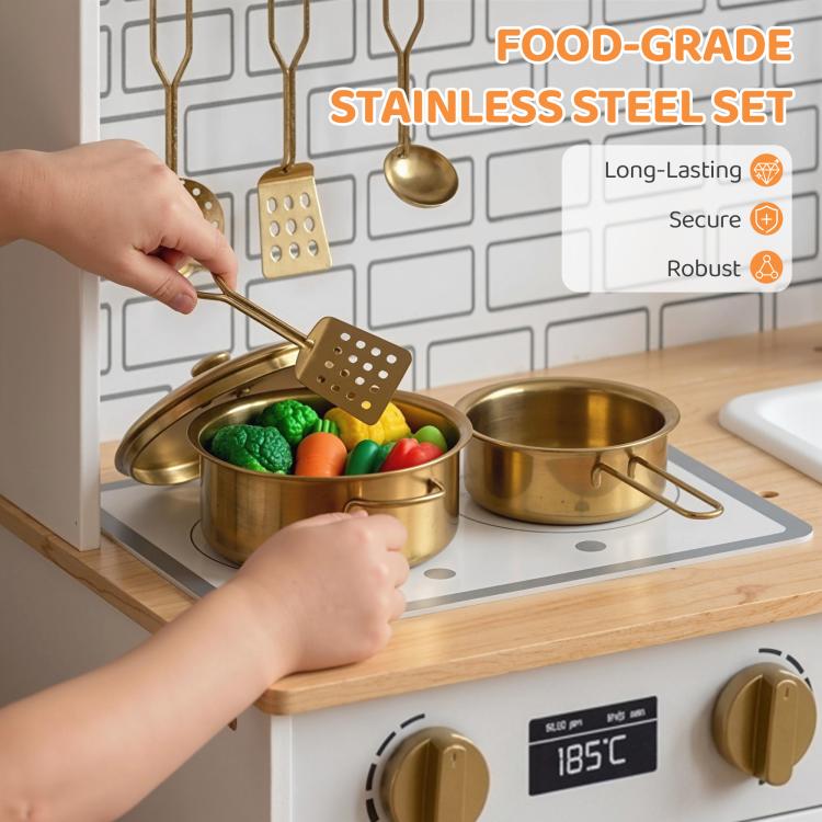 Hands using a utensil to add food pieces in a toy pot on a kids play kitchen