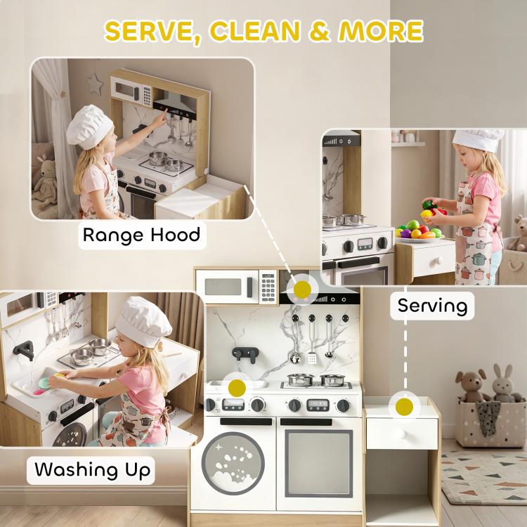 Kids play kitchen set with oven, stovetop, sink, and built-in serving cabinet