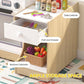 Play kitchen side cabinet with pull-out drawer and bottom cubbies for toy storage