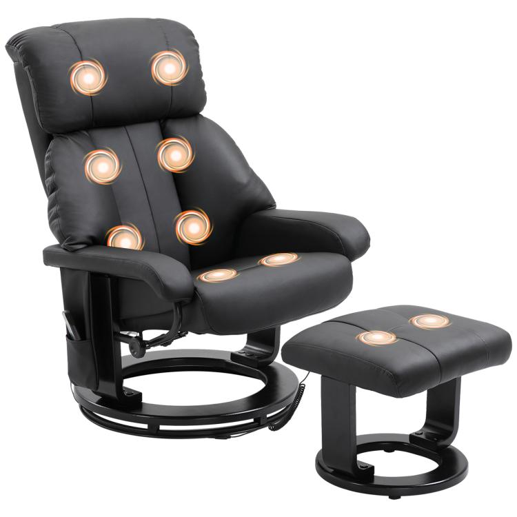 Black massage recliner chair with built-in ottoman and glowing vibration node buttons