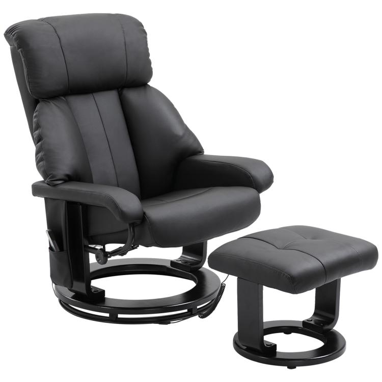 Black massage recliner chair with matching ottoman and swivel base
