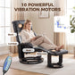 Black massage recliner with ottoman, showing glowing node panels on the back and seat