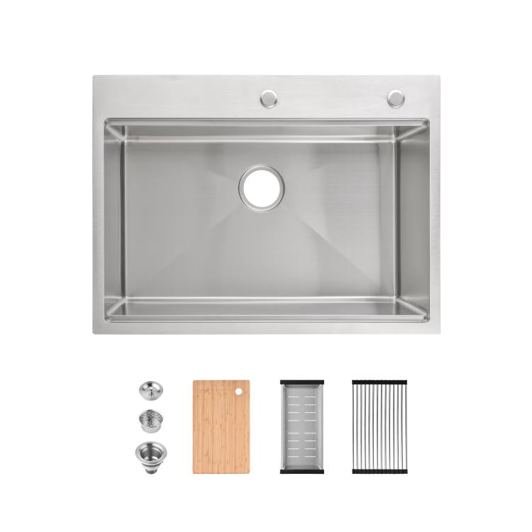 Dark gray overmount single-bowl kitchen sink with cutting board and drain accessories