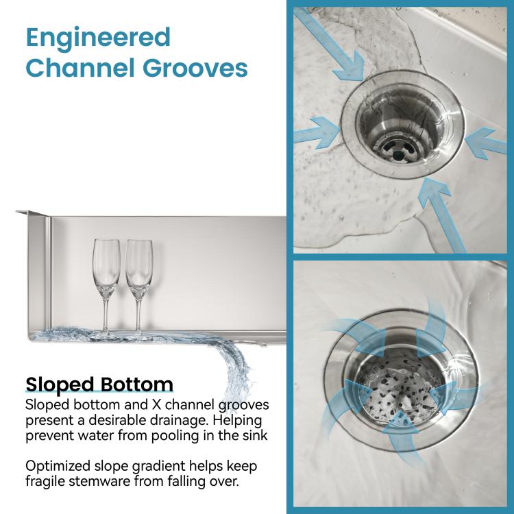 Stainless single-bowl sink with sloped channel grooves and circular drain opening