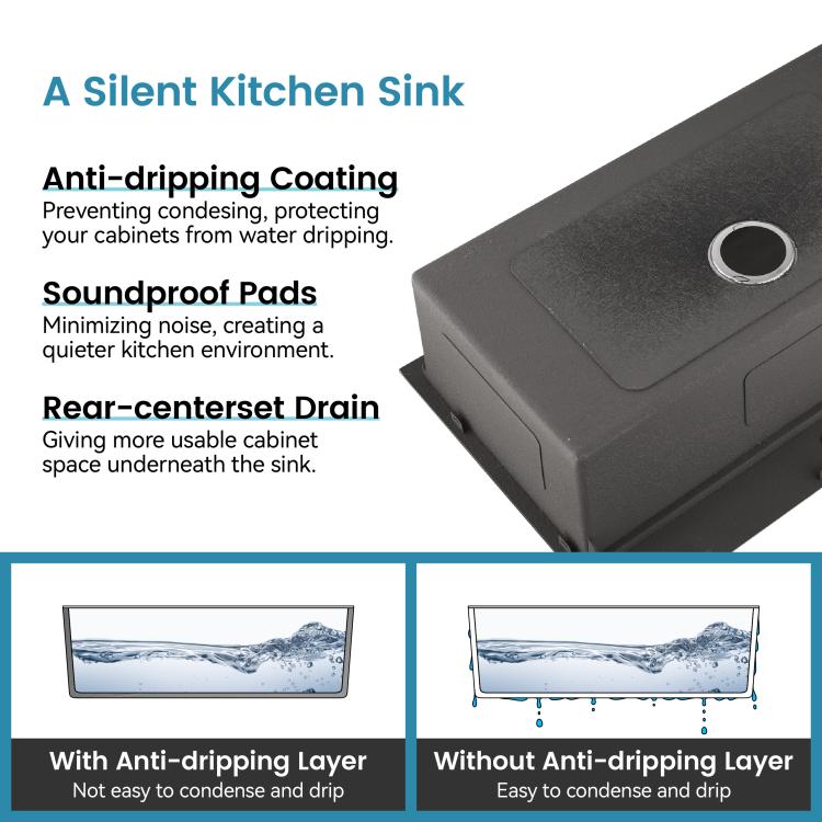 Dark gray single-bowl sink corner with circular drain opening and sound-dampening pads