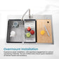 Overmount single-bowl sink with faucet, bamboo cutting board, and roll-up drying rack
