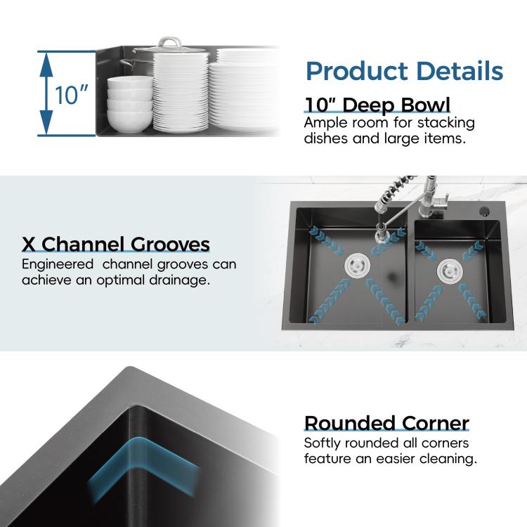 Black double-bowl kitchen sink with deep compartments and circular drain strainers