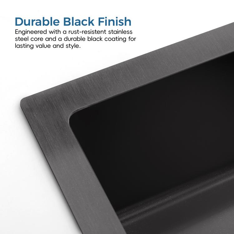 Black overmount kitchen sink basin with rounded corner rim and smooth finish