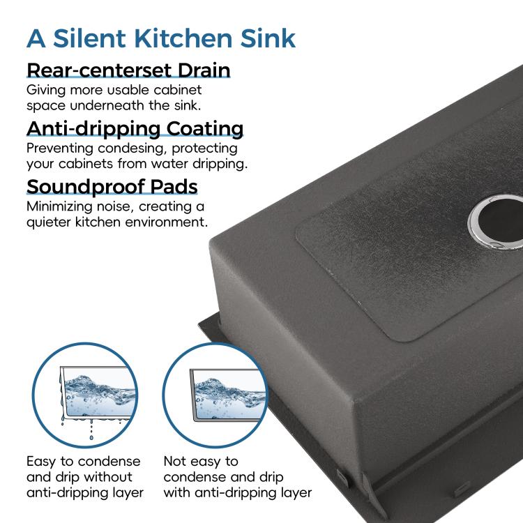 Black double-bowl kitchen sink with rounded corners and two rear drain openings