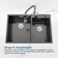 Black double-bowl kitchen sink with two drains and overmount drop-in fit