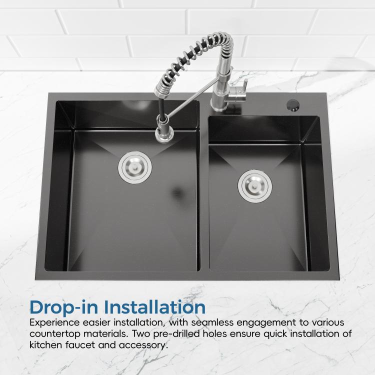 Black double-bowl kitchen sink with two drains and overmount drop-in fit