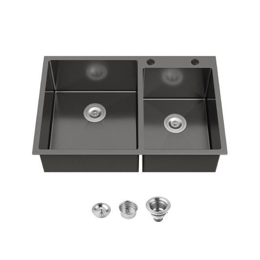 33 inchx22 inch Embedded Double Bowl Kitchen Sink, Overmount Handmade Sink in Black (Sink only)