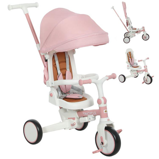 Pink 3-wheel tricycle stroller with canopy, adjustable handle, and white frame