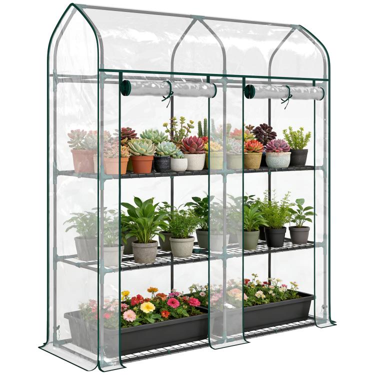 Clear 3-tier mini greenhouse with green frame and transparent cover over wire shelves