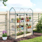 3-tier mini greenhouse with clear panels and green frame, side roll-up doors