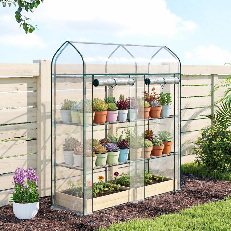 3-tier mini greenhouse with clear panels and green frame, side roll-up doors