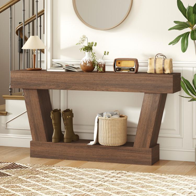 Brown vintage console table with open lower shelf and angled wooden legs