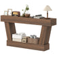 Narrow brown console table with open shelf and two side supports for entryway use