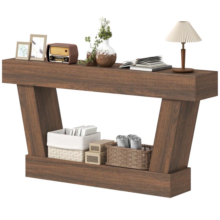 Narrow brown console table with open shelf and two side supports for entryway use