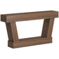 Brown console table with open lower shelf and sturdy angled legs