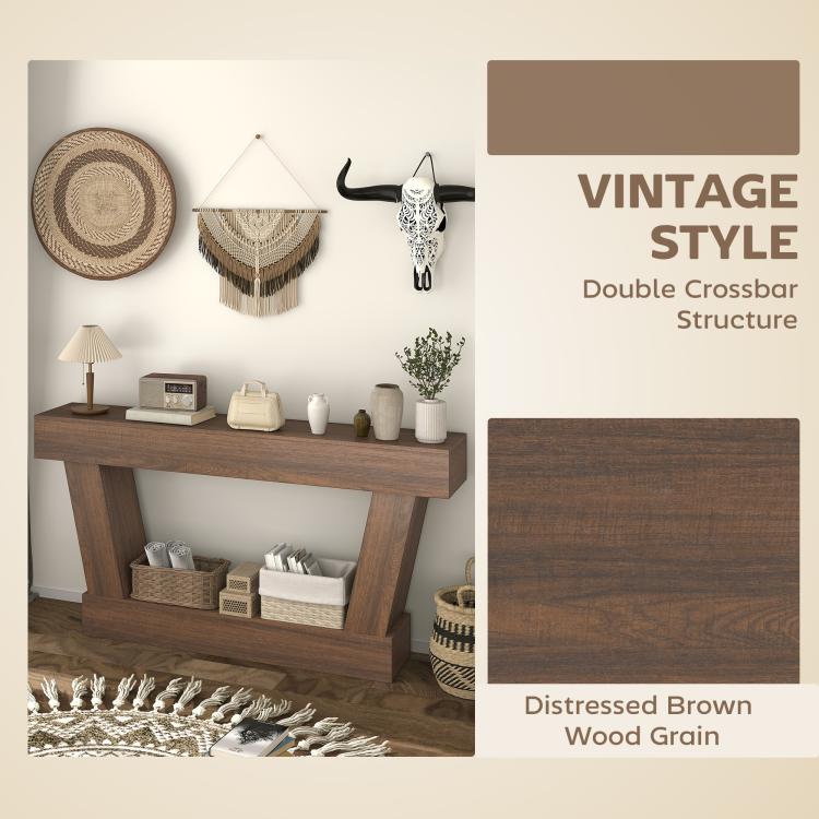 Distressed brown wood console table with open shelf and rustic textured finish