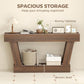 Brown console table with roomy open storage shelf and sturdy angled side frames
