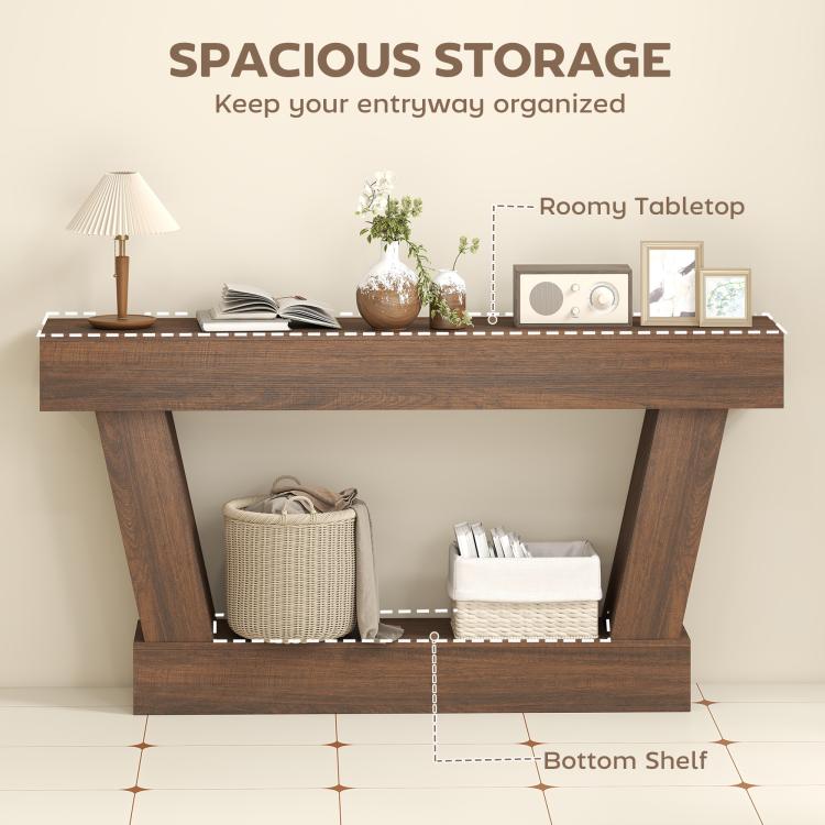 Brown console table with roomy open storage shelf and sturdy angled side frames