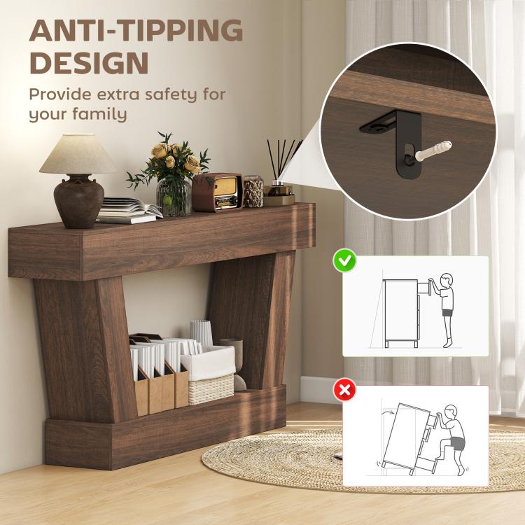 Brown entryway console table with open bottom shelf and anti-tipping style base