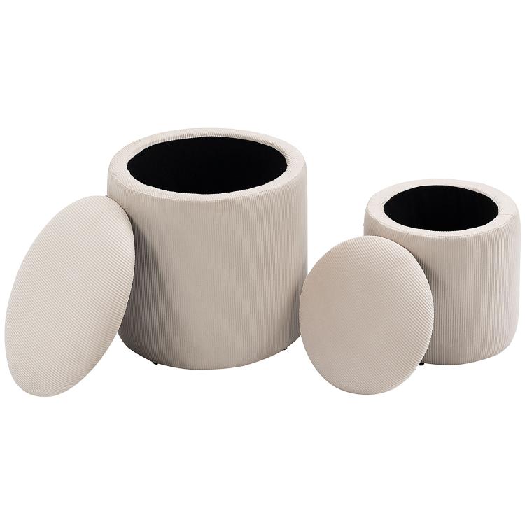 Pair of cream white corduroy round storage ottomans with removable lids