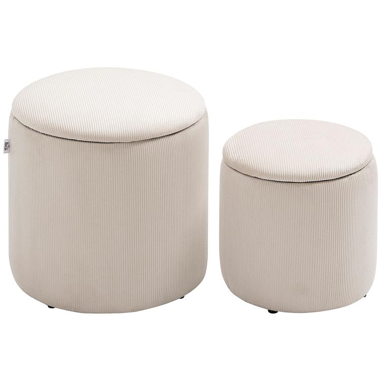 Set of 2 corduroy storage ottomans, round cream white with removable lids