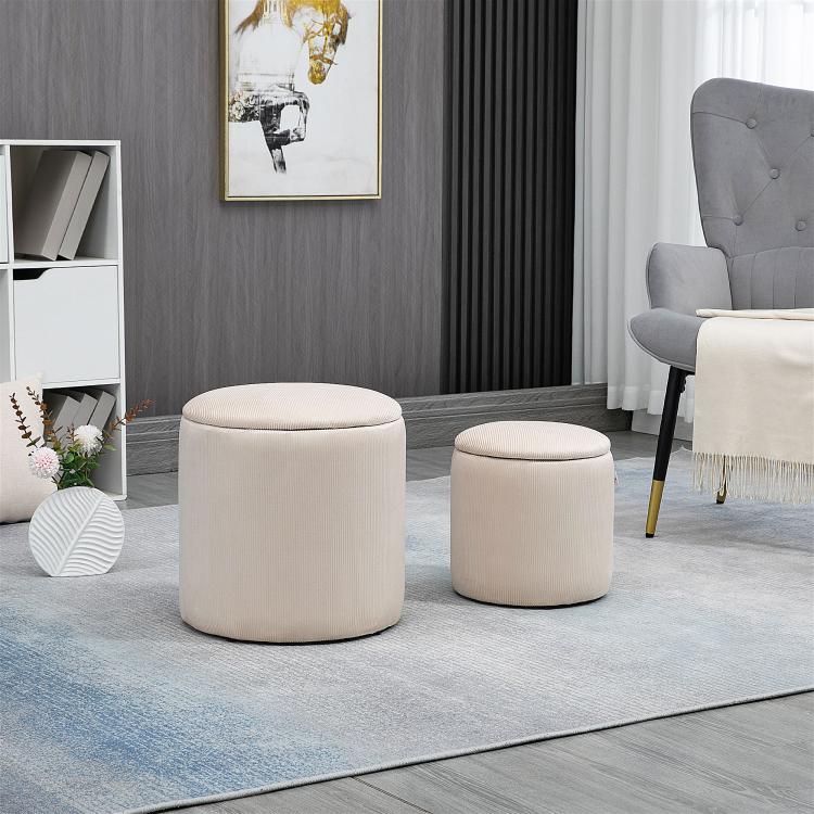 Cream white corduroy round ottoman stools with padded tops and storage lids