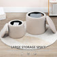 Two cream white corduroy round storage ottomans with open centers and lids