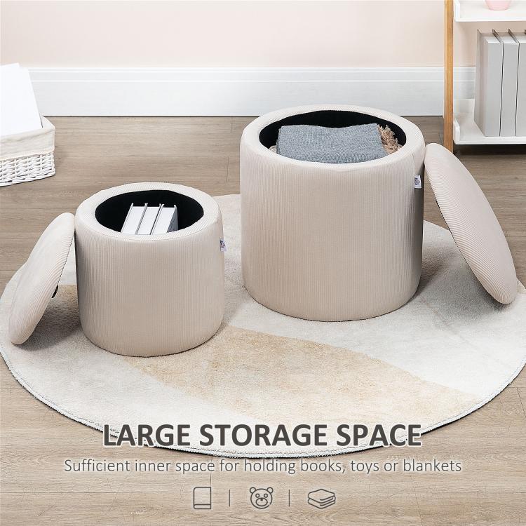 Two cream white corduroy round storage ottomans with open centers and lids