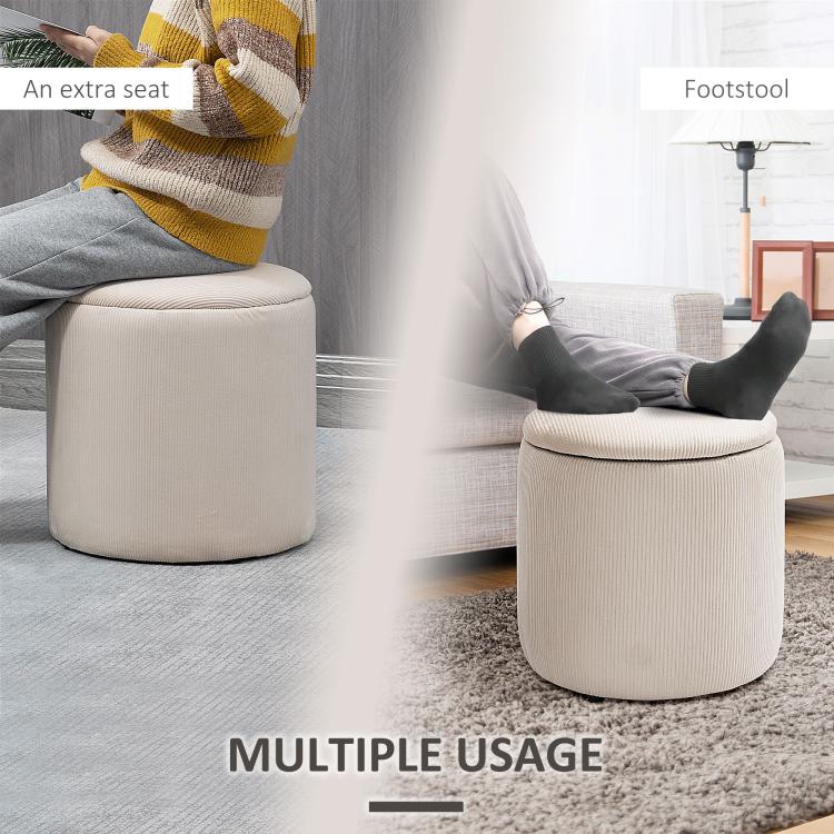 Cream white corduroy round ottoman stool and smaller matching storage seat